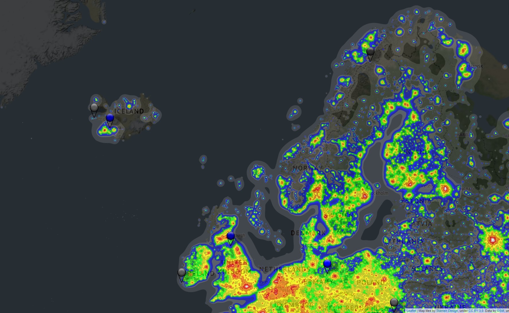 Carte pollution lumineuse du site darksitefinder.com