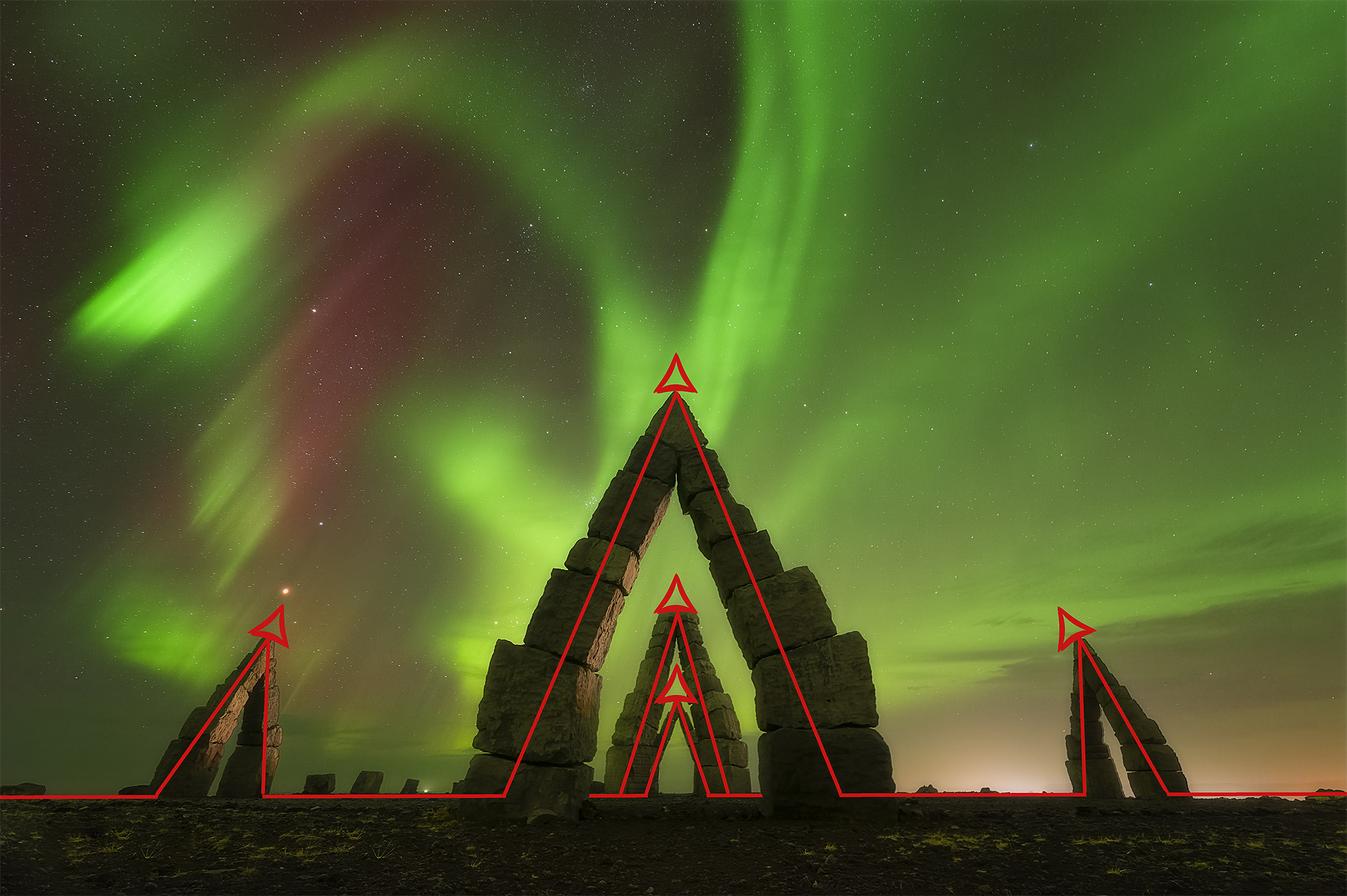 Analyse de composition de la photo Stargate en Islande : lignes de fuite tracées pour montrer la structure et la direction du regard sous les aurores boréales.