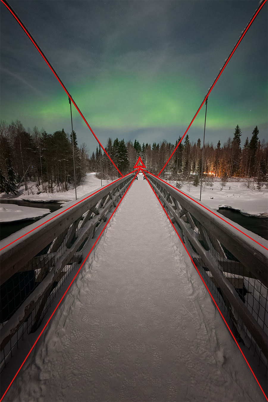 Analyse de composition de la photo The Bridge : lignes de fuite tracées pour montrer la structure et l’axe du pont sous les aurores en Laponie finlandaise.