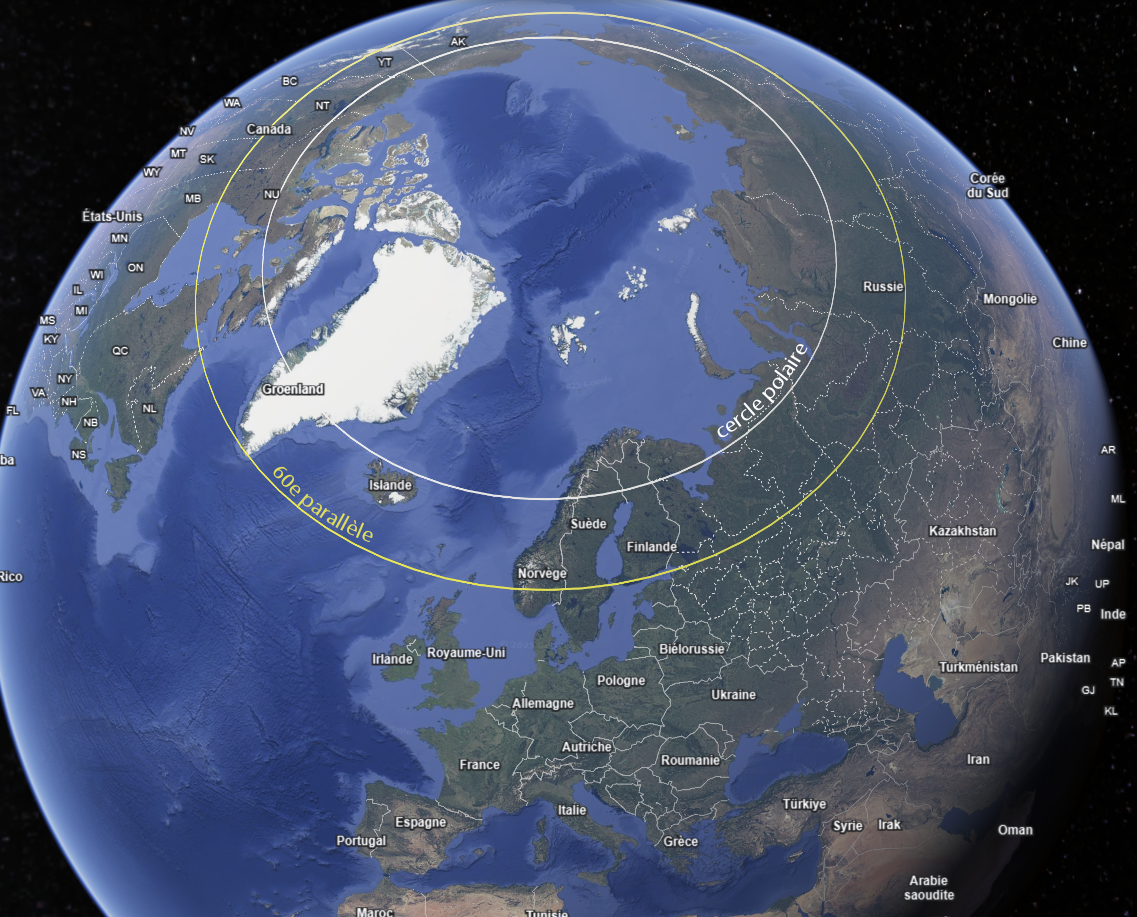 Carte montrant les zones propices aux aurores boréales au-dessus du parallèle 60° Nord.