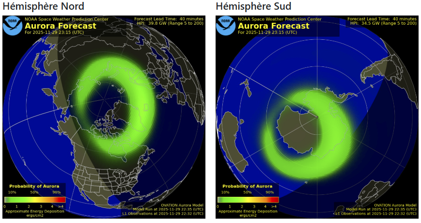 Carte de l’ovale auroral vue depuis l’espace, visualisée sur SpaceWeatherLive pour montrer l’intensité et l’étendue du phénomène.