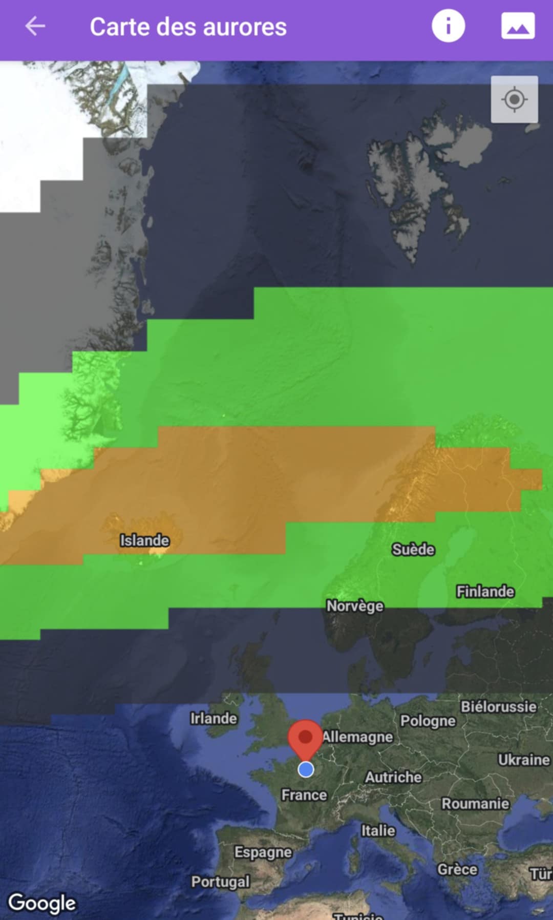Carte de l’ovale auroral affichée dans l’application My Aurora Forecast, avec la position de l’utilisateur et l’intensité estimée de l’activité.