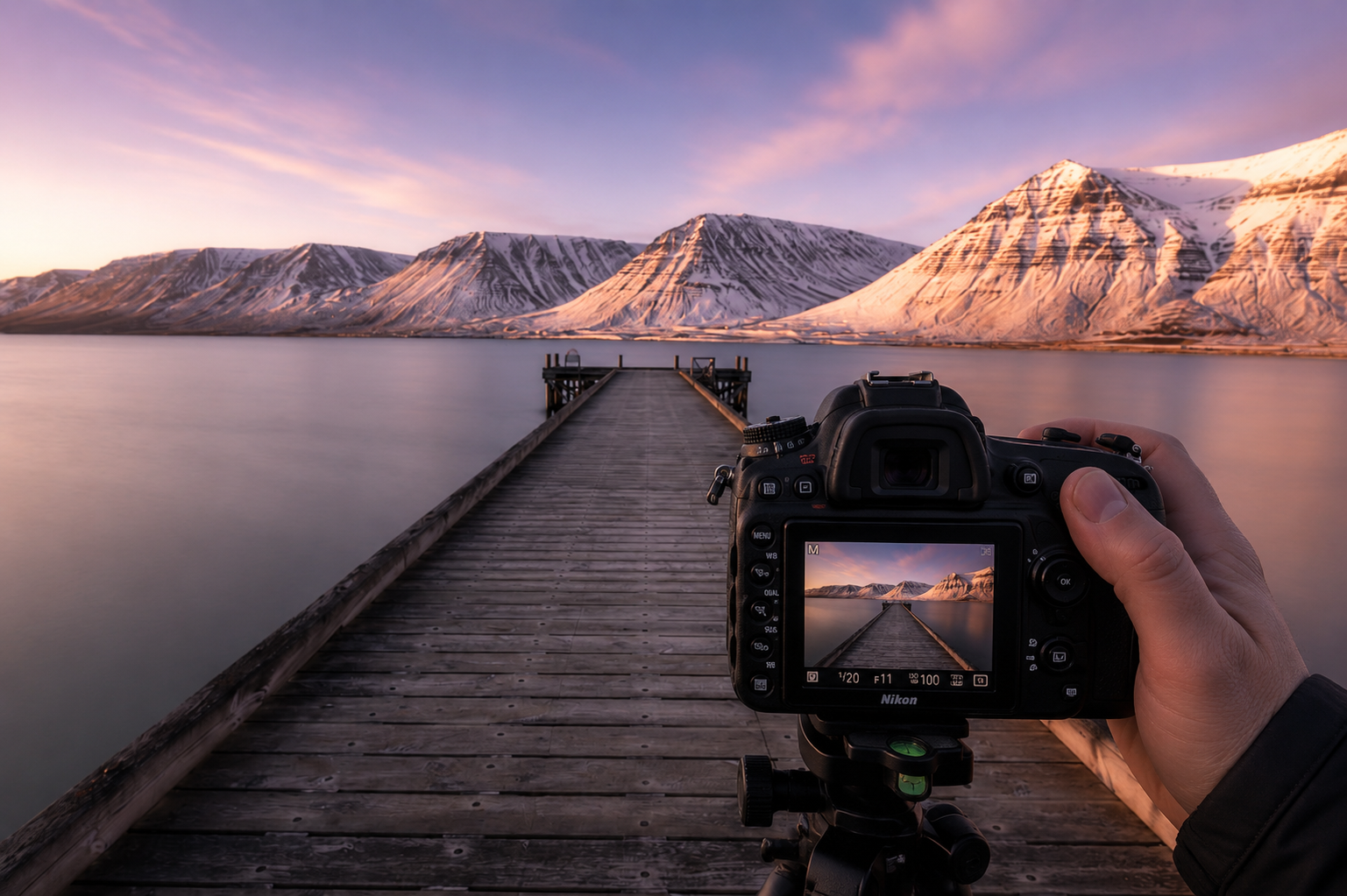 Main en train de déclencher un appareil photo face à un ponton en Islande, illustrant l’ajustement des réglages avant la prise de vue en photographie de paysage