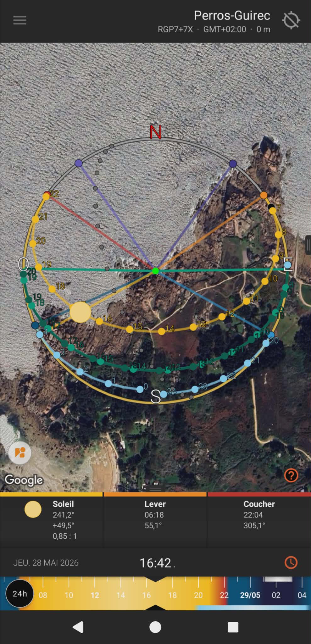 Capture d’écran de l’application Sun Surveyor utilisée pour le pré-repérage photo afin d’analyser la trajectoire du soleil avant une prise de vue en photographie de paysage
