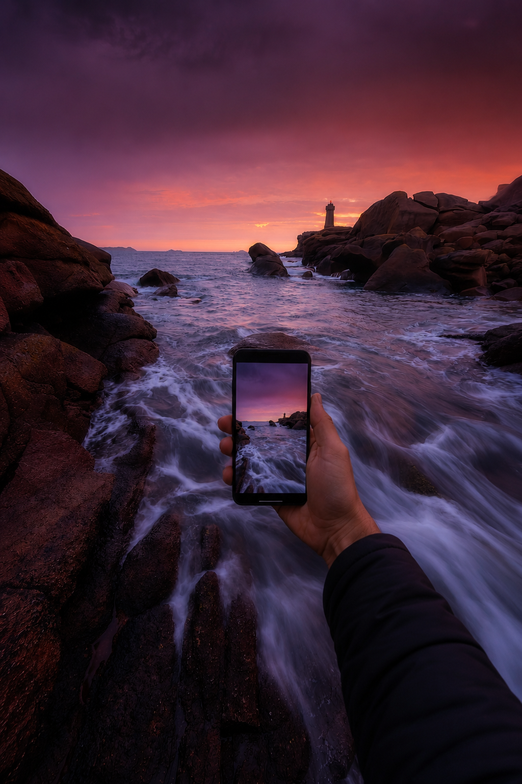 Photographe utilisant son smartphone pour rechercher une composition en photographie de paysage avant de sortir son appareil photo