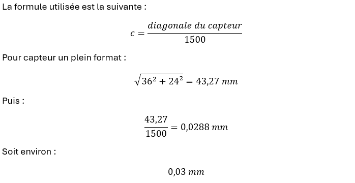 calcul du cercle de confusion d'un capteur plein format à partir de sa diagonale, aboutissant à une valeur d'environ 0,03 mm.