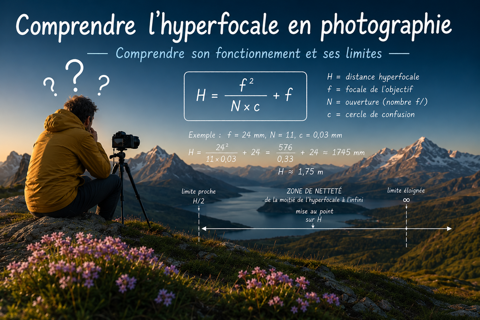 Illustration expliquant le fonctionnement de la distance hyperfocale en photographie avec un photographe, une formule de calcul et un schéma de profondeur de champ.