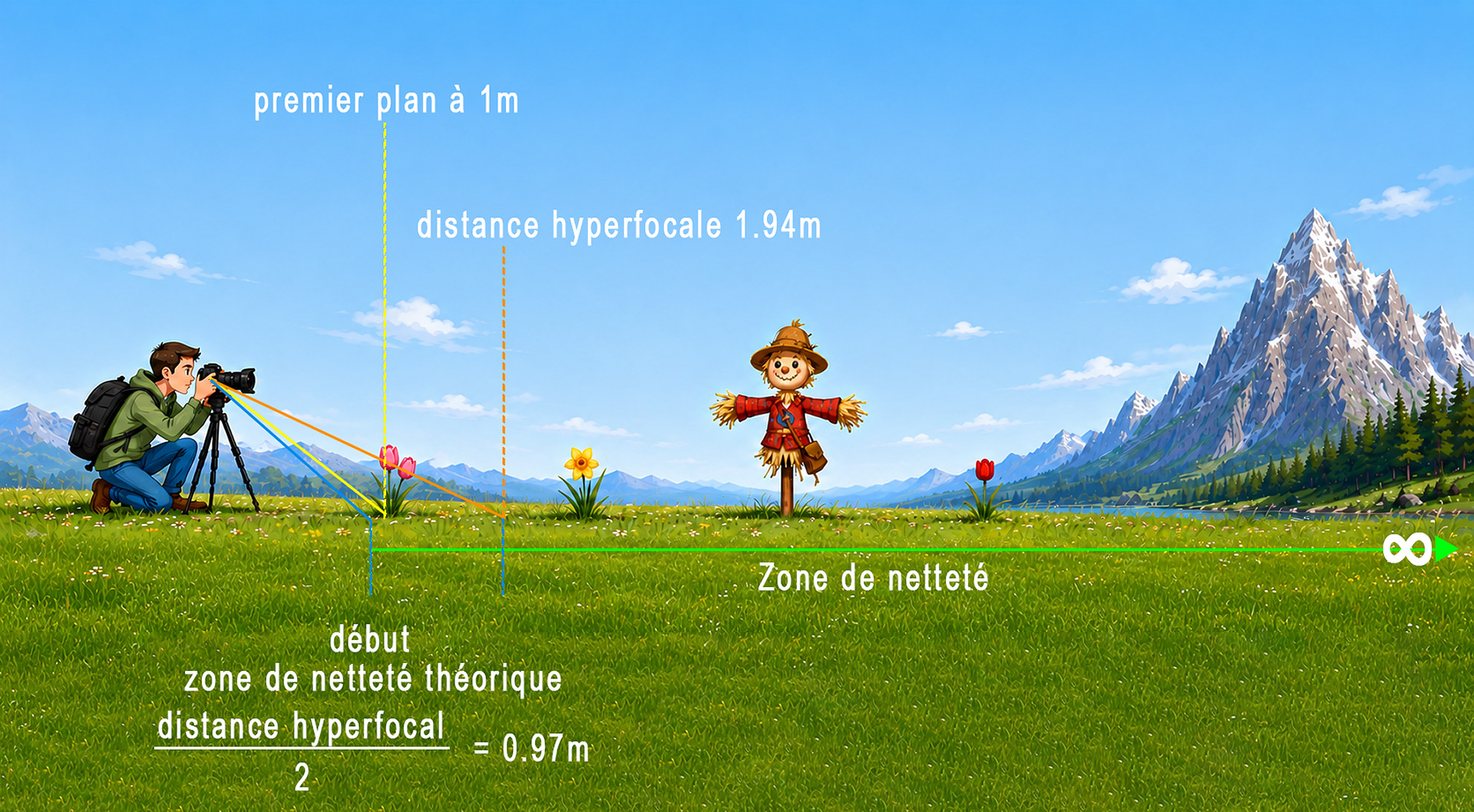 Illustration montrant un photographe effectuant sa mise au point à la distance hyperfocale afin d'obtenir une zone de netteté théorique s'étendant du premier plan jusqu'à l'infini.