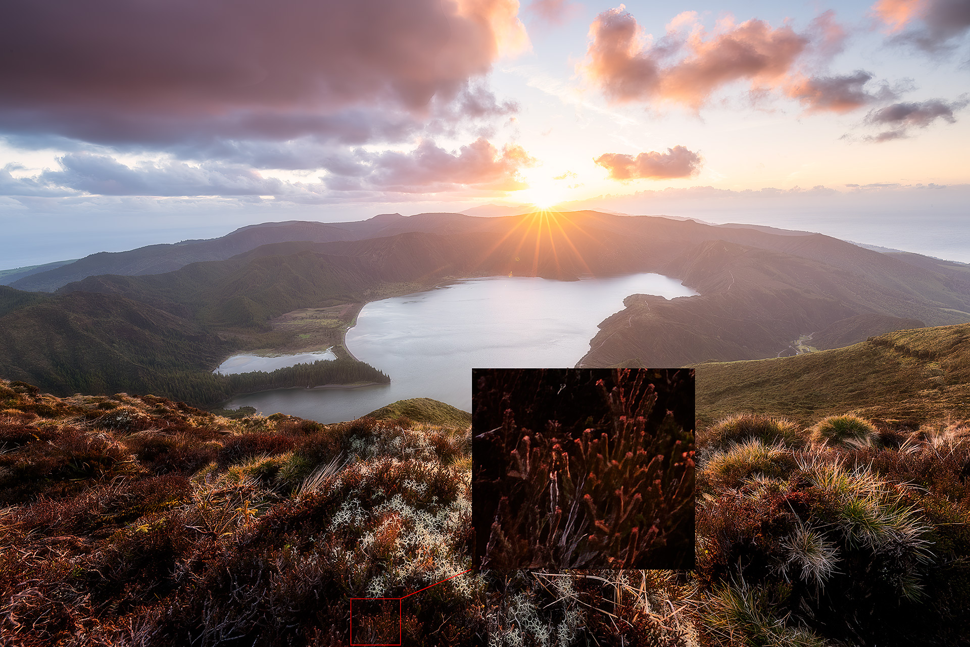 Photo de paysage réalisée à la distance hyperfocale avec agrandissement du premier plan montrant une légère perte de netteté visible à fort grossissement.