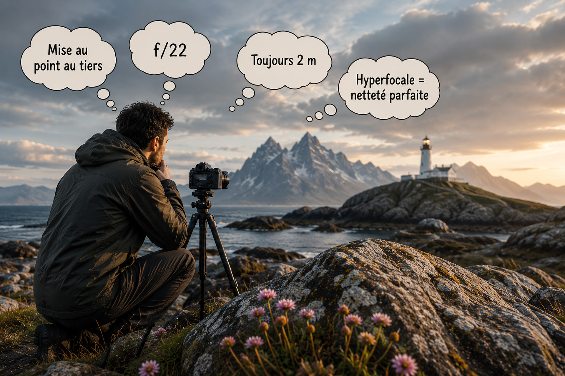 Illustration représentant un photographe de paysage confronté à plusieurs idées reçues sur la distance hyperfocale, comme la mise au point au tiers de l'image, l'utilisation systématique de f/22 ou une distance fixe de mise au point.