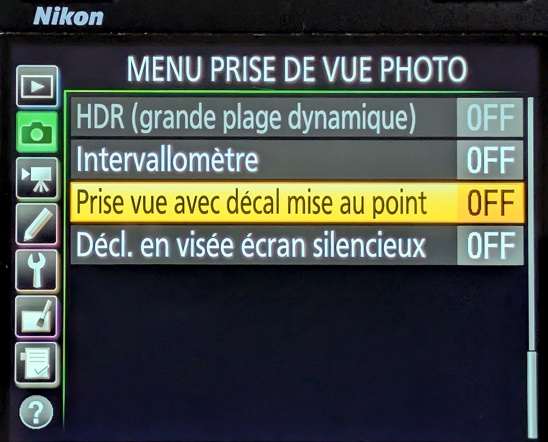 fonction de focus stacking sur un Nikon D850 Menu de prise de vue photo du Nikon D850 affichant l'option de décalage de mise au point.